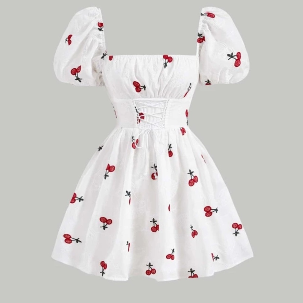 SHEIN MOD Cherry Print Ruched Bust Puff Sleeve Milkmaid Dress